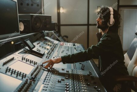 Music producer working in a studio with headphones and mixing console